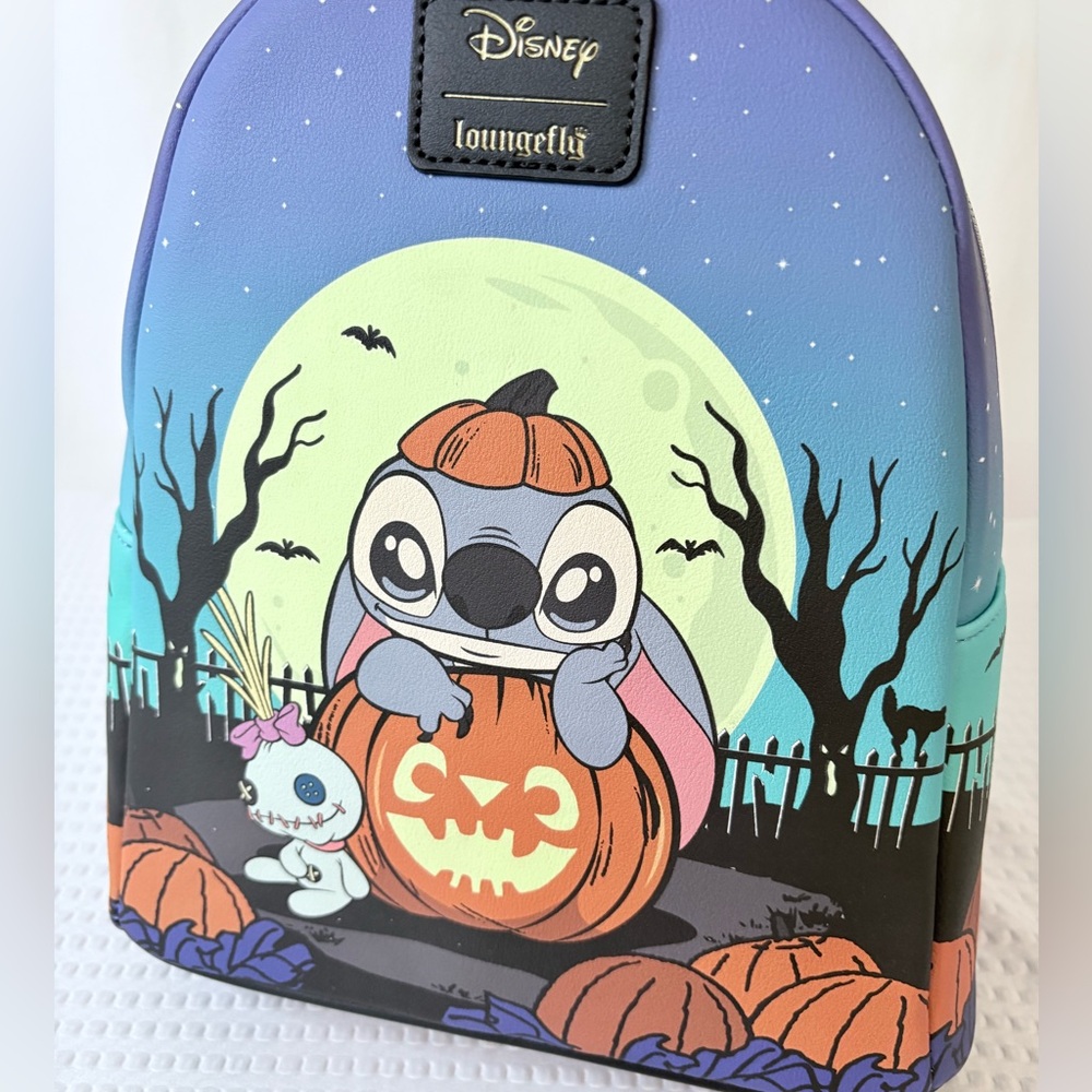 NWT LOUNGEFLY Disney Stitch Pumpkin Glow-In-The-Dark Mini Backpack - Picture 2 of 7